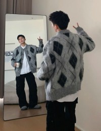 Simple casual knitted cardigan, brushed thickened, collegiate quilted sweater jacket for men and women