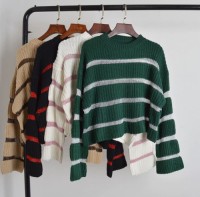 Striped crewneck sweaters, loose and casual womens clothing for autumn and winter, knitted tops