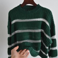 Striped crewneck sweaters, loose and casual womens clothing for autumn and winter, knitted tops