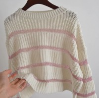Striped crewneck sweaters, loose and casual womens clothing for autumn and winter, knitted tops