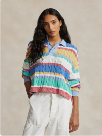 Classic striped cable-knotted cotton polo shirt, womens knitted sweater