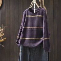 Spring and autumn new fashion versatile retro loose crew neck yarn-dyed knitted pullover women