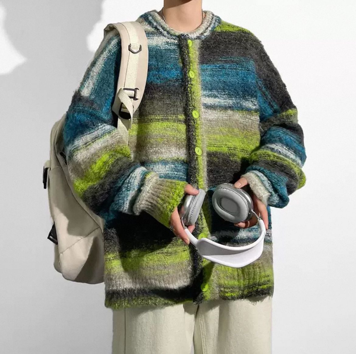 Contrasting tie-dye sweaters, mens spring and autumn trends, loose cardigan jackets, couple knits