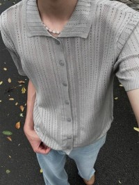 American retro cut-out square neck short-sleeved knit sweater chic loose slouchy lace shirt