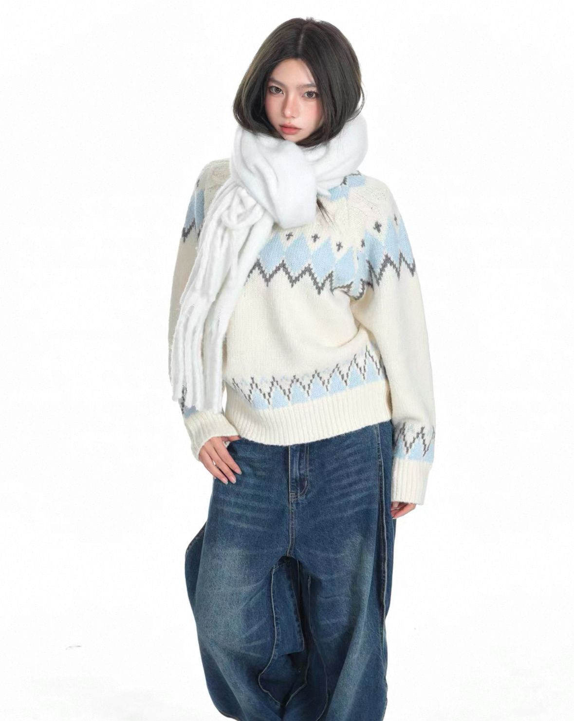 White retro pullover sweater womens autumn and winter lazy soft glutinous oversize knit thicker top