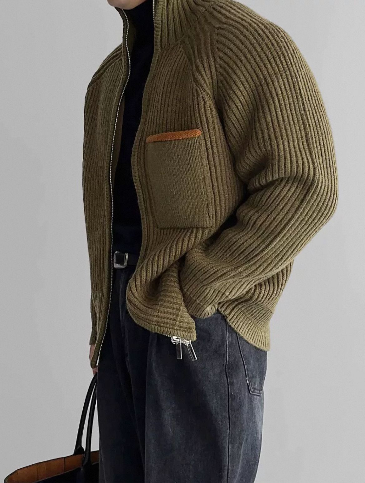Double zipper stand-up collar knitted cardigan mens spring Korean style fashion fashion simple warm light familiar sty