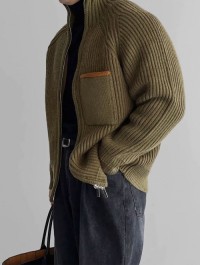 Double zipper stand-up collar knitted cardigan mens spring Korean style fashion fashion simple warm light familiar sty
