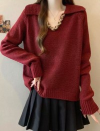 High-end light luxury red lapel sweater womens 2025 spring new plus size fat mm raglan sleeve shoulder knit