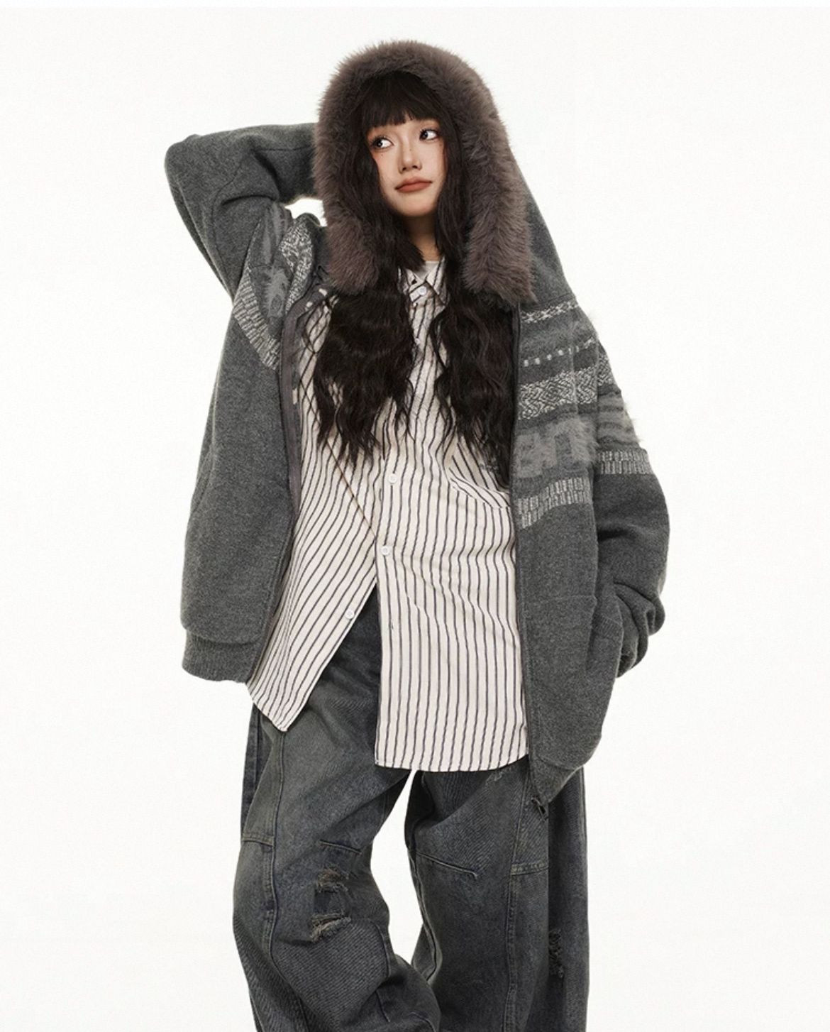 New Years limited sweaters mens and womens fur collar hooded retro knitted cardigan jackets