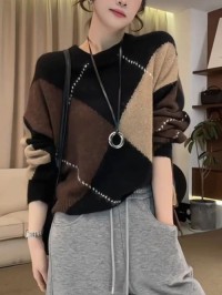 retro rhombic long sleeve sweater womens spring plus size premium crew neck knit top