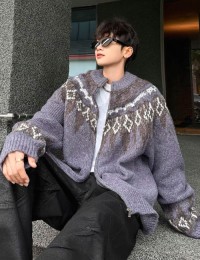 American street zip-up cardigan sweater mens autumn and winter fashion brand retro lazy loose knit jacket