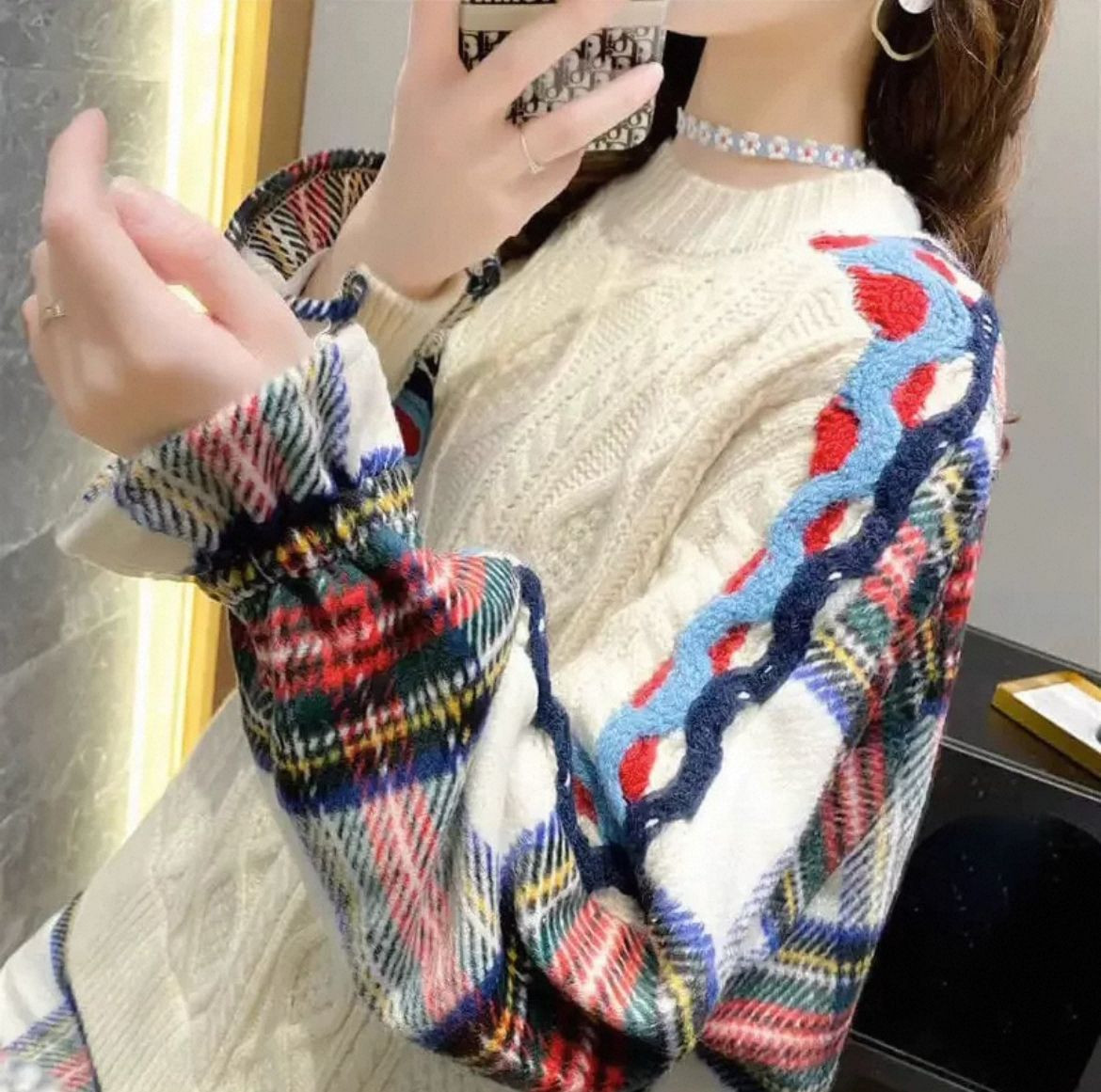 Lazy style stitched sweater womens spring and winter 2025 new Internet celebrity Korean version loose and versatile pl