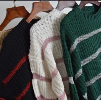 Striped crewneck sweaters, loose and casual womens clothing for autumn and winter, knitted tops