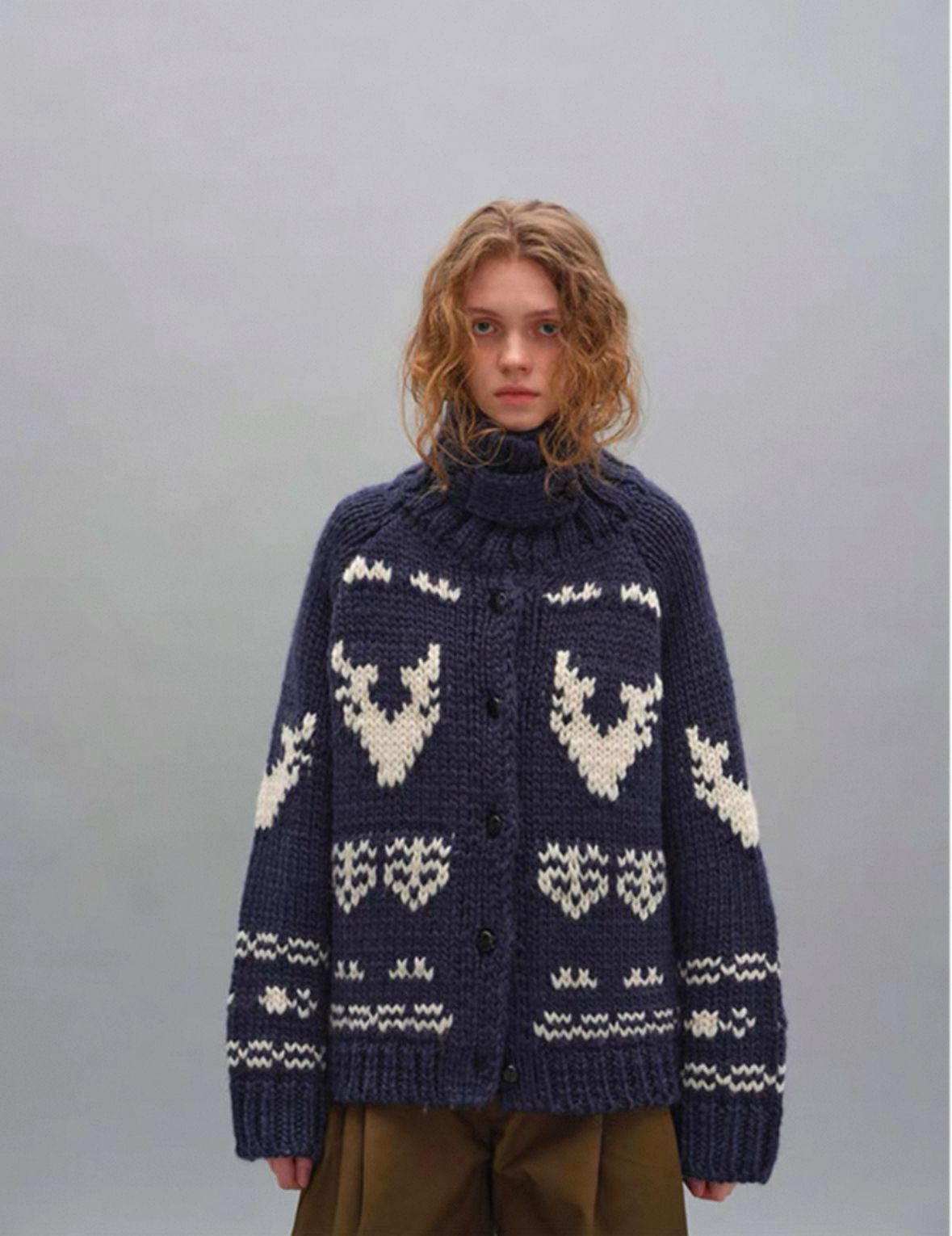 Navy blue turtleneck sweater jacket womens winter loose Nordic style christmas lapel knitted cardigan autumn winter