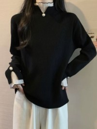Sense of luxury black semi-turtleneck knit sweater womens spring dress plus size fat mm base shirt fake two french top