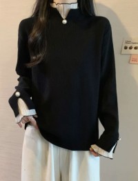Sense of luxury black semi-turtleneck knit sweater womens spring dress plus size fat mm base shirt fake two french top