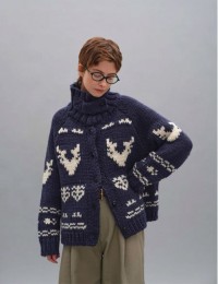 Navy blue turtleneck sweater jacket womens winter loose Nordic style christmas lapel knitted cardigan autumn winter