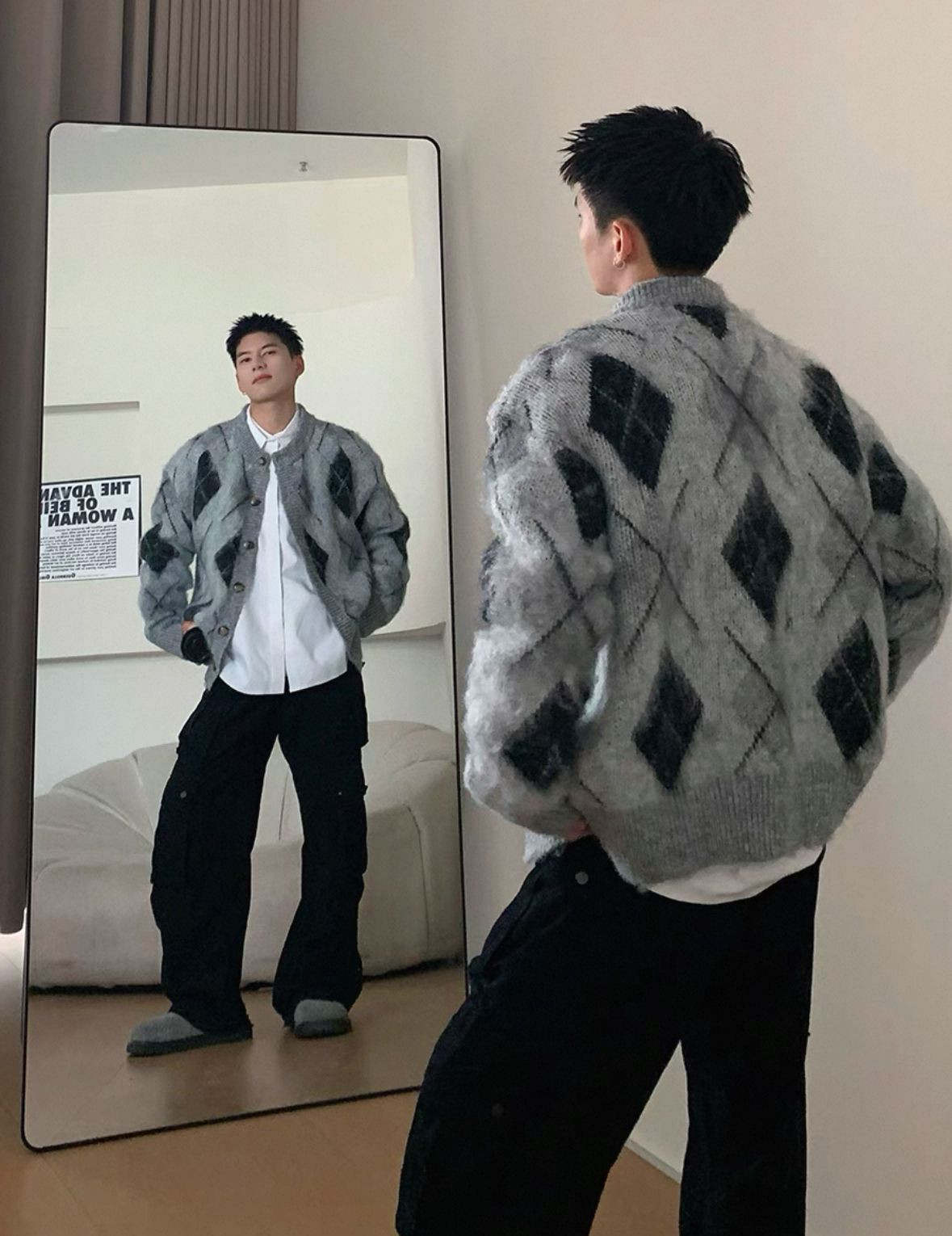 Simple casual knitted cardigan, brushed thickened, collegiate quilted sweater jacket for men and women