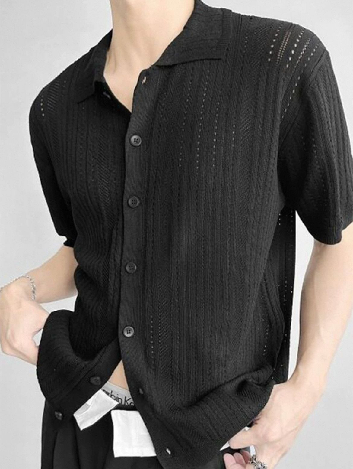 American retro cut-out square neck short-sleeved knit sweater chic loose slouchy lace shirt
