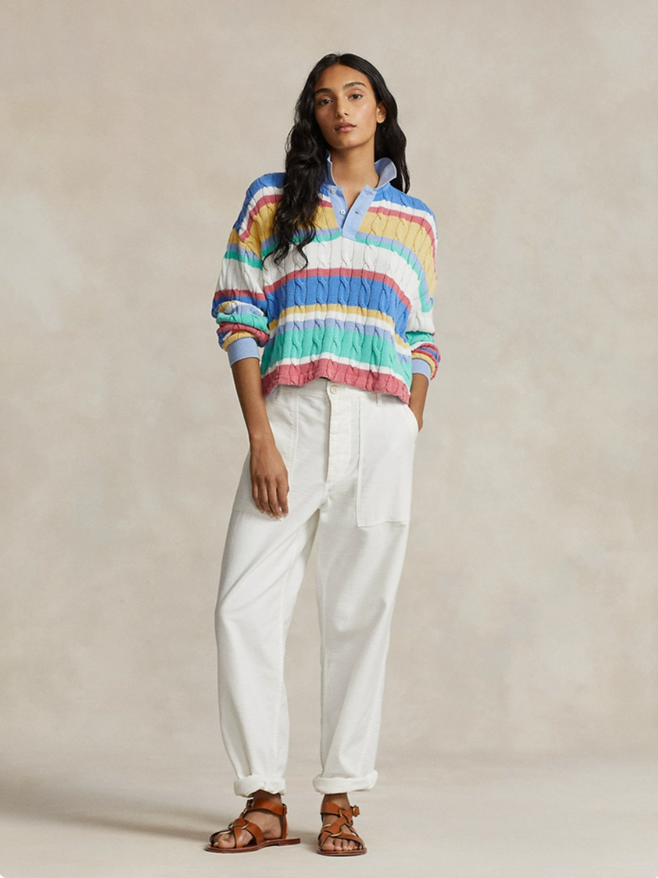 Classic striped cable-knotted cotton polo shirt, womens knitted sweater