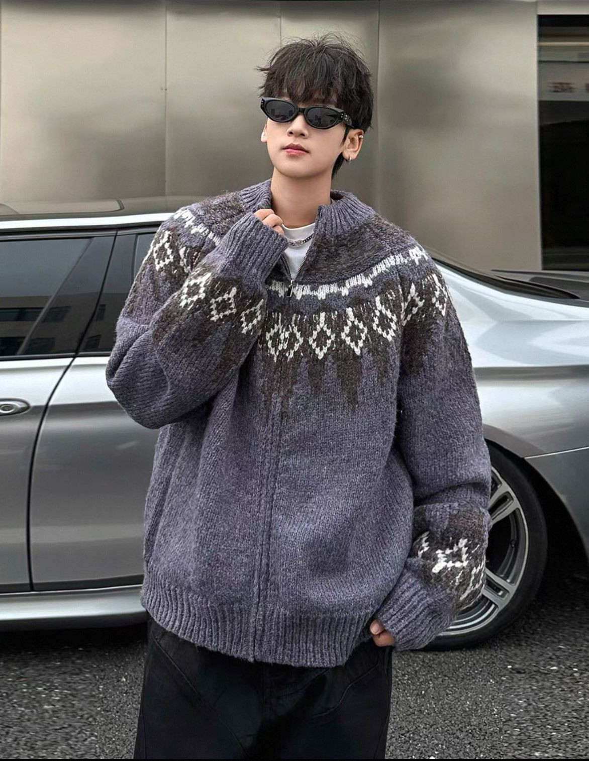 American street zip-up cardigan sweater mens autumn and winter fashion brand retro lazy loose knit jacket