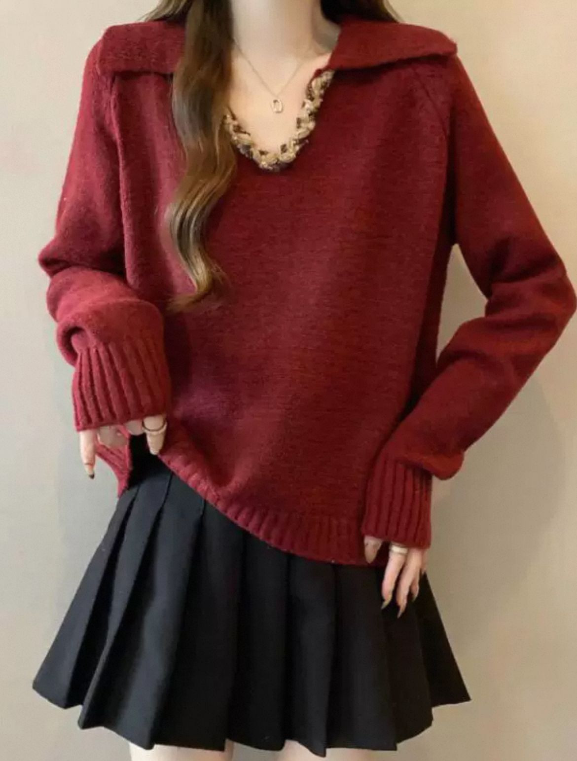 High-end light luxury red lapel sweater womens 2025 spring new plus size fat mm raglan sleeve shoulder knit