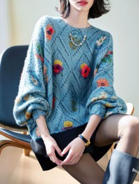 Printing and dyeing three-dimensional flowers, plus-size womens spring, autumn and winter, new long-sleeved round neck