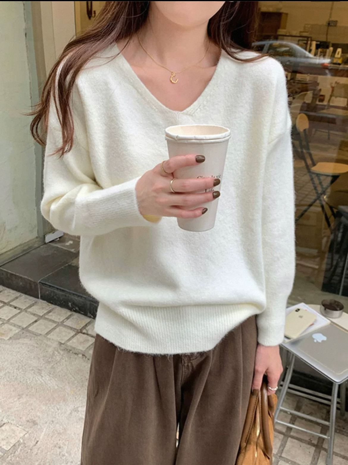 Korean warm and soft glutinous loose base top, womens autumn temperament, V-neck, inner thin basic knitted sweater