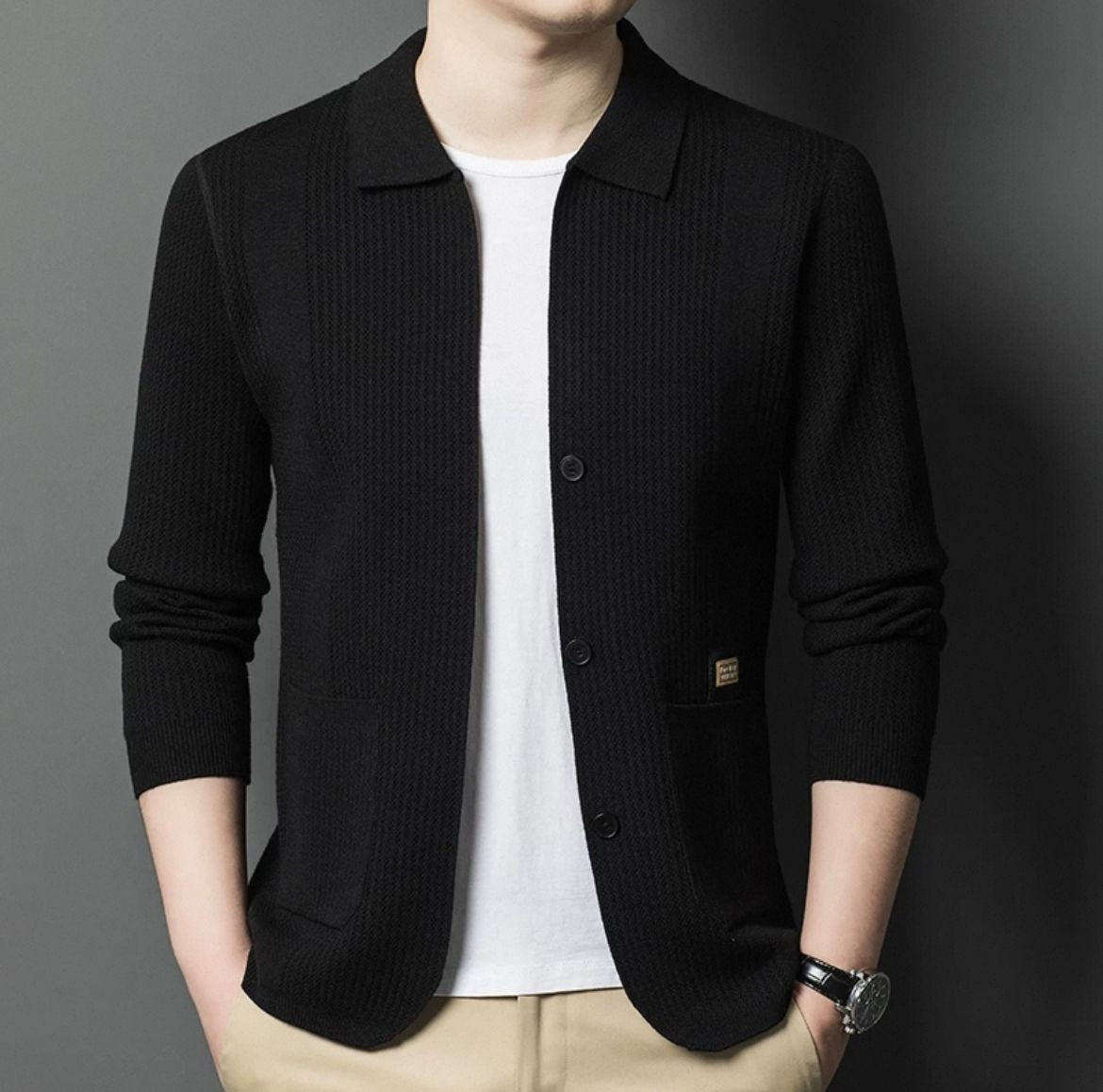 Mens striped button-down shirts, slim-fit knits, stylish sweaters, customizable