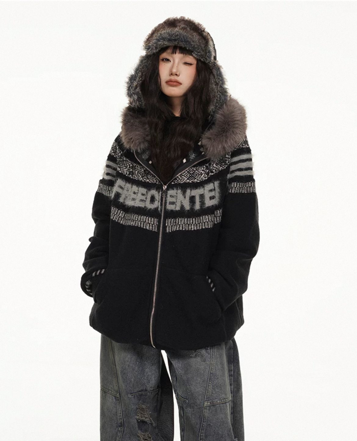 New Years limited sweaters mens and womens fur collar hooded retro knitted cardigan jackets
