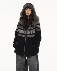 New Years limited sweaters mens and womens fur collar hooded retro knitted cardigan jackets