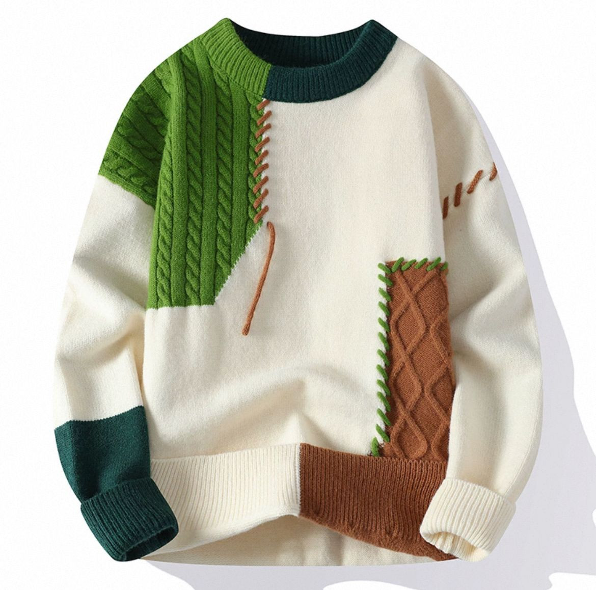 Color-blocked crewneck sweater, mens autumn and winter, loose trendy brand warm knitwear, youth lazy casual base layer