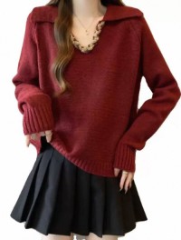 High-end light luxury red lapel sweater womens 2025 spring new plus size fat mm raglan sleeve shoulder knit