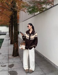 Vintage jacquard sweater, cardigan, womens lapel, horn buttoned jacket, design sense knit top