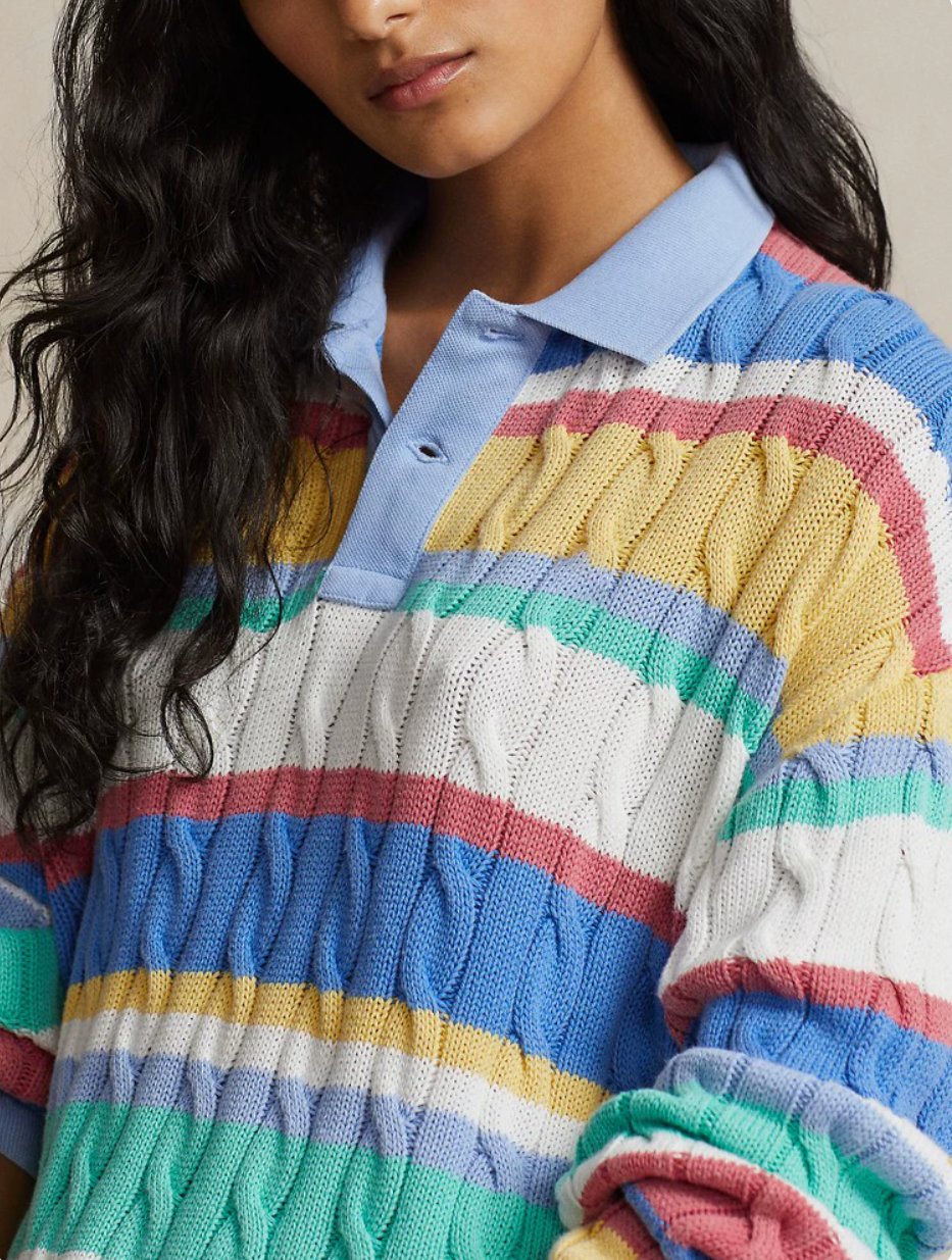 Classic striped cable-knotted cotton polo shirt, womens knitted sweater