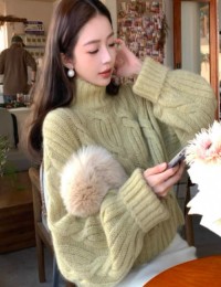 Lazy style high neck thickened cable knit sweater womens new winter design sense loose thin warm short top