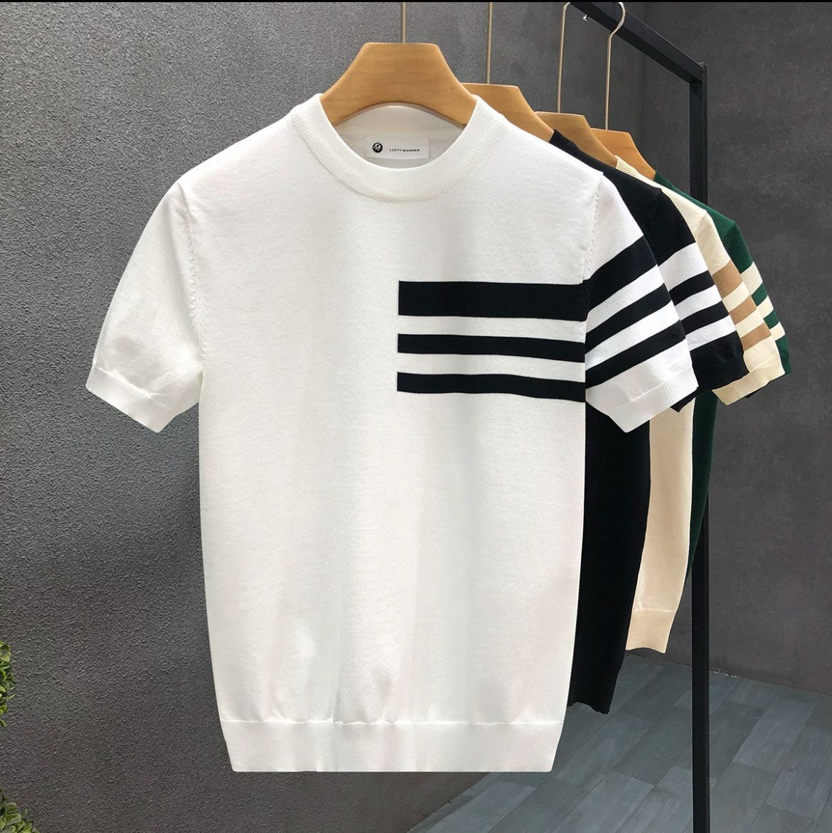 Mens striped short-sleeved tops, slim-fit knits, stylish sweaters, customizable